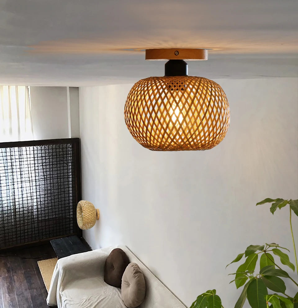 Handwoven Natural Bamboo Rattan Ceiling Lamp,